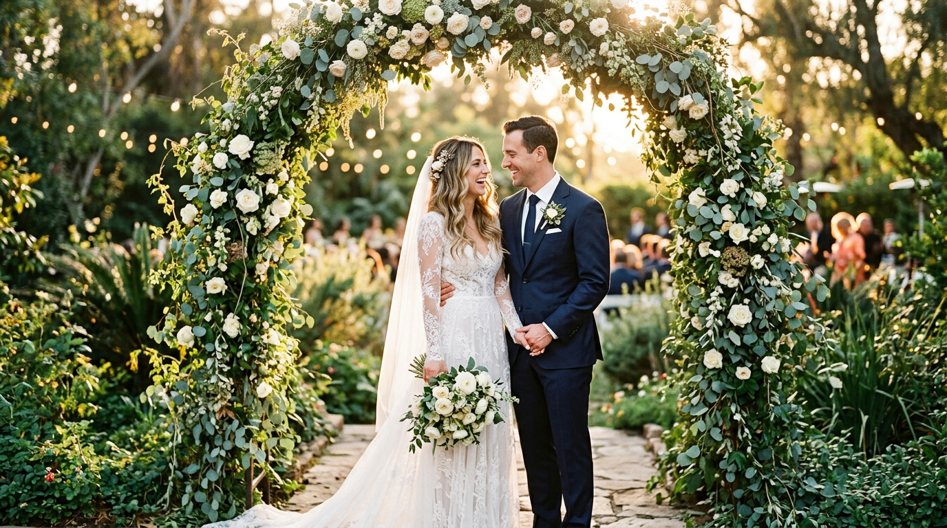 AI-generated wedding photo of a couple under a rose archway at golden hour using Nano Banana