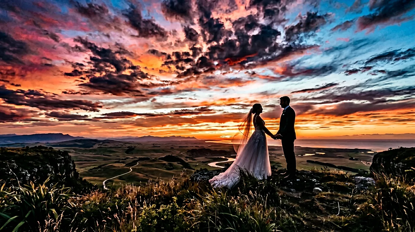 AI-generated bride and groom sunset silhouette wedding photo using Nano Banana prompts